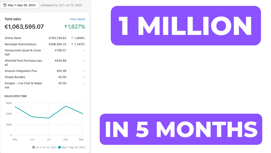 E-commerce dashboard showing €1M+ revenue in 5 months